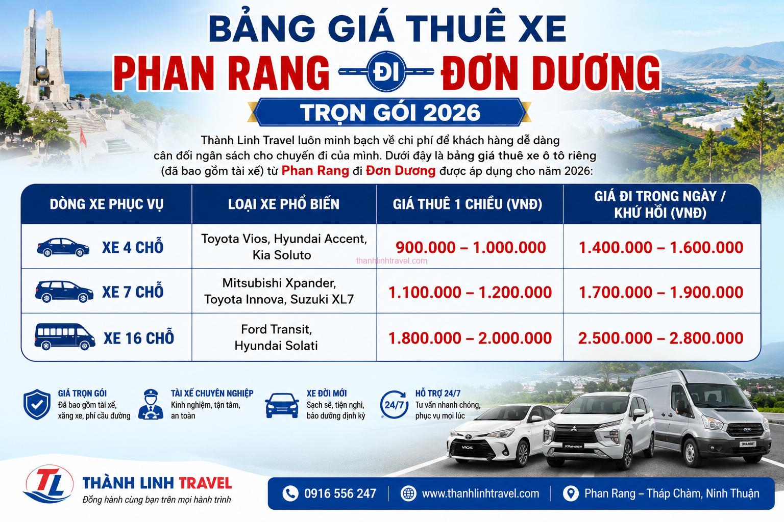 Bảng giá thuê xe Phan Rang đi Đơn Dương trọn gói Bảng giá thuê xe Phan Rang đi Đơn Dương trọn gói