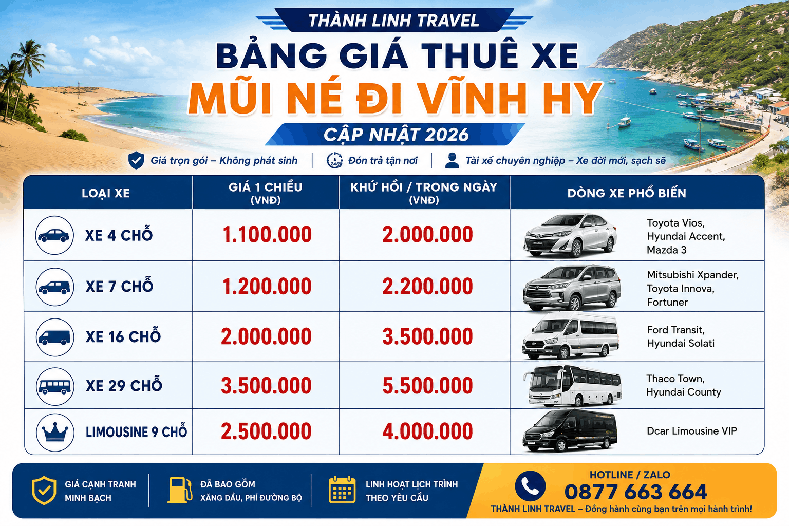 Bảng giá thuê xe Mũi Né đi Vĩnh Hy trọn gói Bảng giá thuê xe Mũi Né đi Vĩnh Hy trọn gói