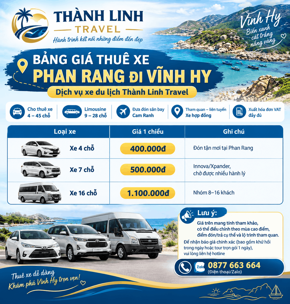 Bảng giá thuê xe Phan Rang đi Vĩnh Hy mới nhất Bảng giá thuê xe Phan Rang đi Vĩnh Hy mới nhất