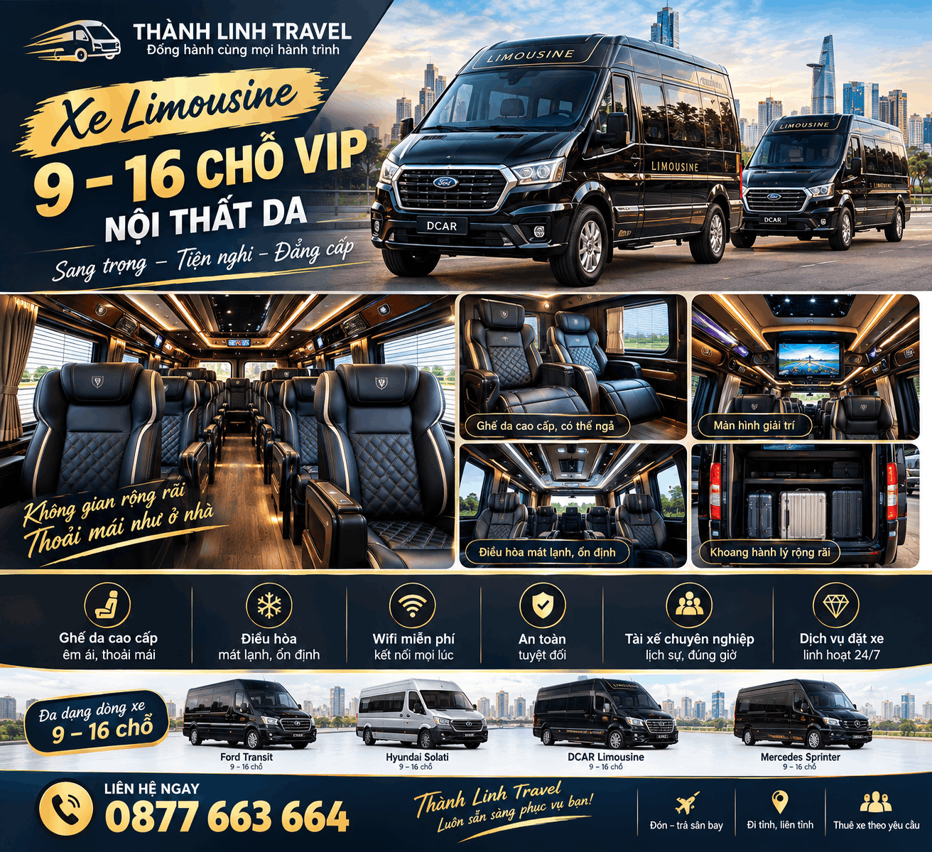 Xe limousine 9–16 chỗ VIP nội thất da Xe limousine 9–16 chỗ VIP nội thất da